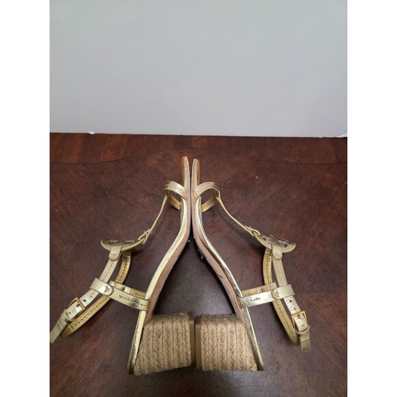 Tory Burch Gold Metallic Espadrille Block Pump Sandals W/ Logo Accent Size 8 - Picture 7 of 11